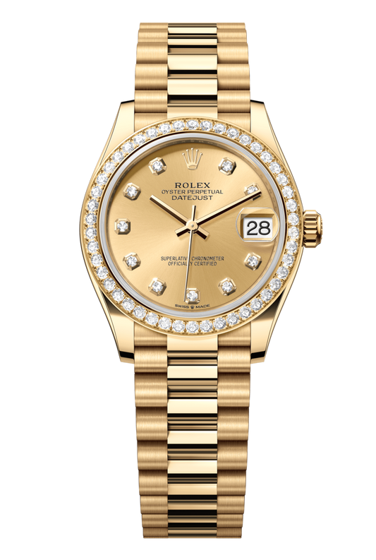 Rolex Oyster Perpetual Datejust 31 in 18 ct yellow gold features a champagne colour, diamond-set dial and a President bracelet 278288RBR-Champagne