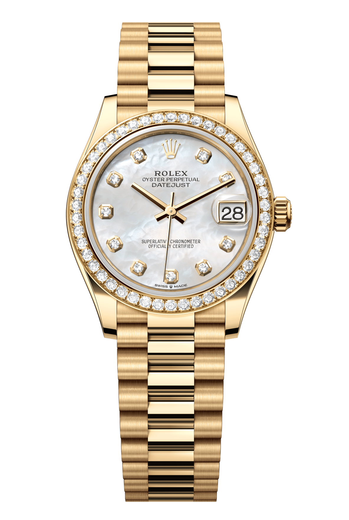 Rolex Oyster Perpetual Datejust 31 in 18 ct yellow gold features a white mother-of-pearl, diamond-set dial and a President bracelet 278288RBR-Mother of Pearl