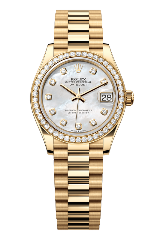 Rolex Oyster Perpetual Datejust 31 in 18 ct yellow gold features a white mother-of-pearl, diamond-set dial and a President bracelet 278288RBR-Mother of Pearl