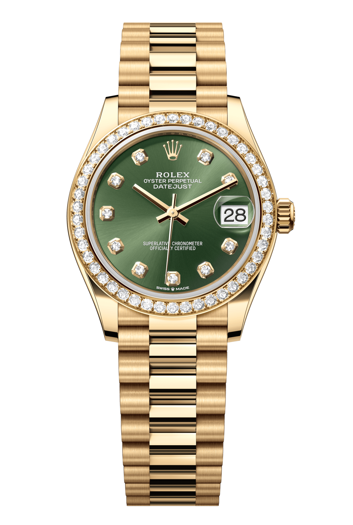 Rolex Oyster Perpetual Datejust 31 in 18 ct yellow gold features an olive-green, diamond-set dial and a President bracelet 278288RBR-Green 1