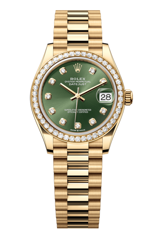 Rolex Oyster Perpetual Datejust 31 in 18 ct yellow gold features an olive-green, diamond-set dial and a President bracelet 278288RBR-Green 1