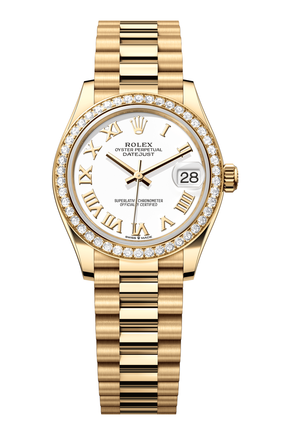 Rolex Oyster Perpetual Datejust 31 in 18 ct yellow gold features a white dial and a President bracelet 278288RBR-White