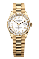 Rolex Oyster Perpetual Datejust 31 in 18 ct yellow gold features a white dial and a President bracelet 278288RBR-White