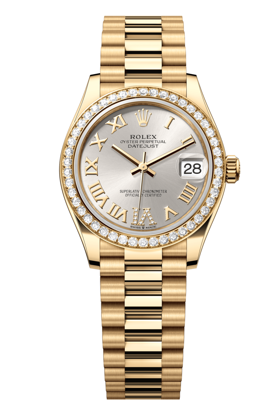 Rolex Oyster Perpetual Datejust 31 in 18 ct yellow gold features a silver, diamond-set dial and a President bracelet 278288RBR-Silver