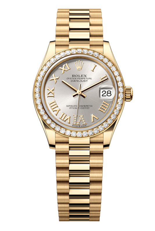 Rolex Oyster Perpetual Datejust 31 in 18 ct yellow gold features a silver, diamond-set dial and a President bracelet 278288RBR-Silver