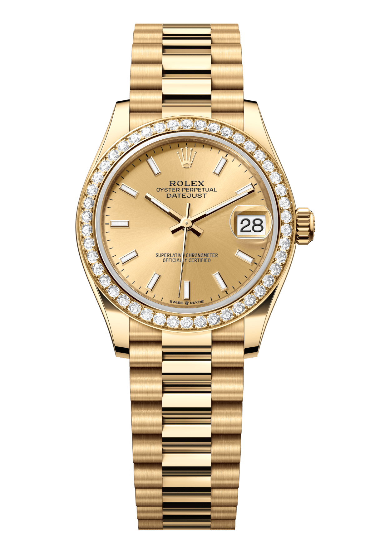 Rolex Oyster Perpetual Datejust 31 in 18 ct yellow gold features a champagne-colour dial and a President bracelet 278288RBR-Champagne 1