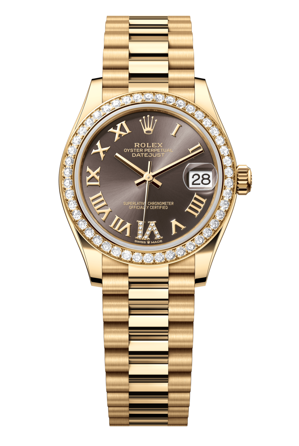 Rolex Oyster Perpetual Datejust 31 in 18 ct yellow gold features a dark grey, diamond-set dial and a President bracelet 278288RBR-Grey