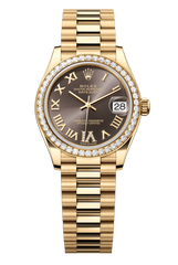 Rolex Oyster Perpetual Datejust 31 in 18 ct yellow gold features a dark grey, diamond-set dial and a President bracelet 278288RBR-Grey