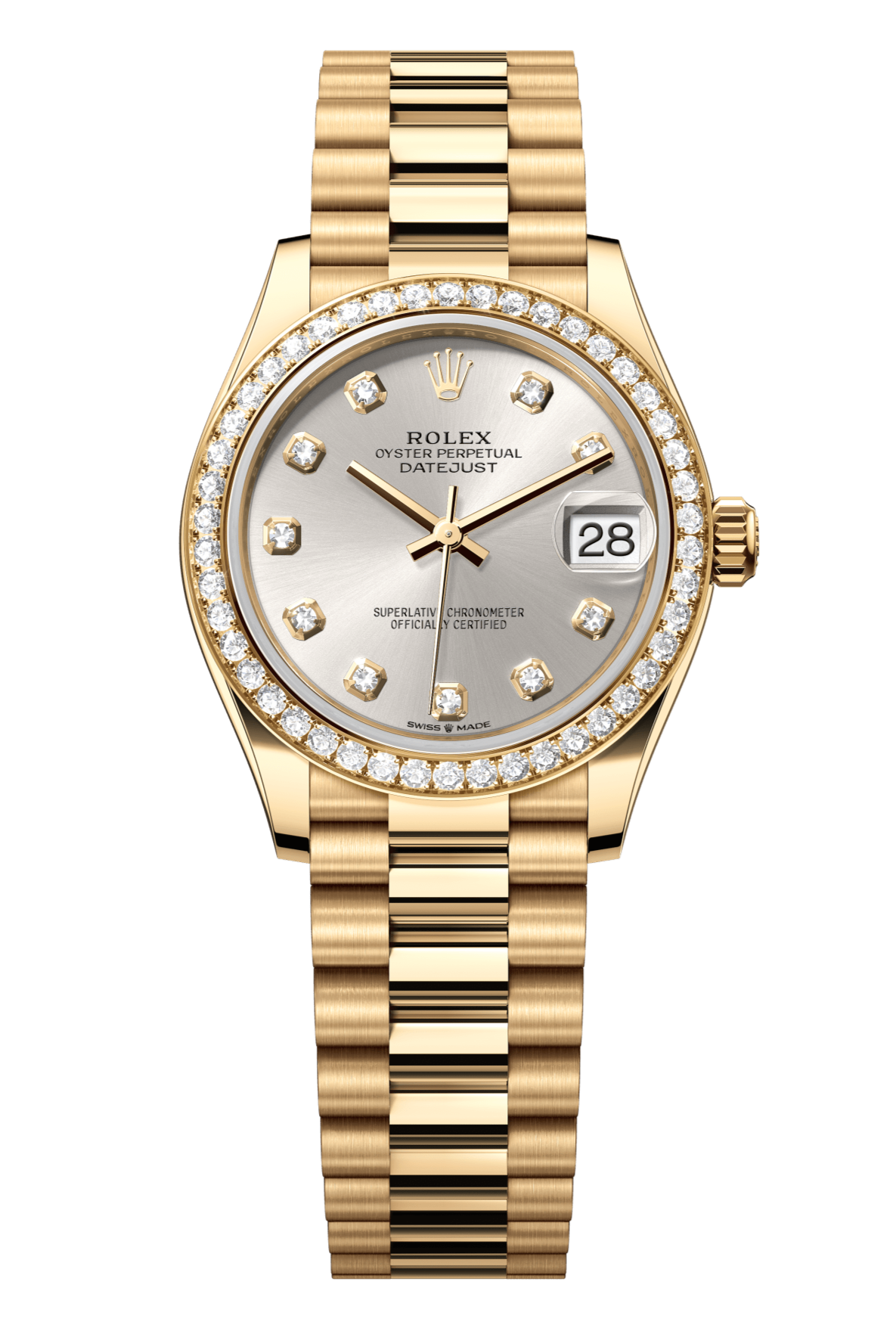 Rolex Oyster Perpetual Datejust 31 in 18 ct yellow gold features a silver, diamond-set dial and a President bracelet 278288RBR-Silver 1