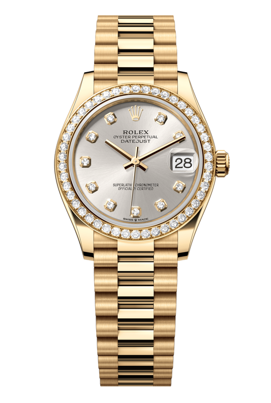 Rolex Oyster Perpetual Datejust 31 in 18 ct yellow gold features a silver, diamond-set dial and a President bracelet 278288RBR-Silver 1