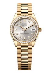 Rolex Oyster Perpetual Datejust 31 in 18 ct yellow gold features a silver, diamond-set dial and a President bracelet 278288RBR-Silver 1