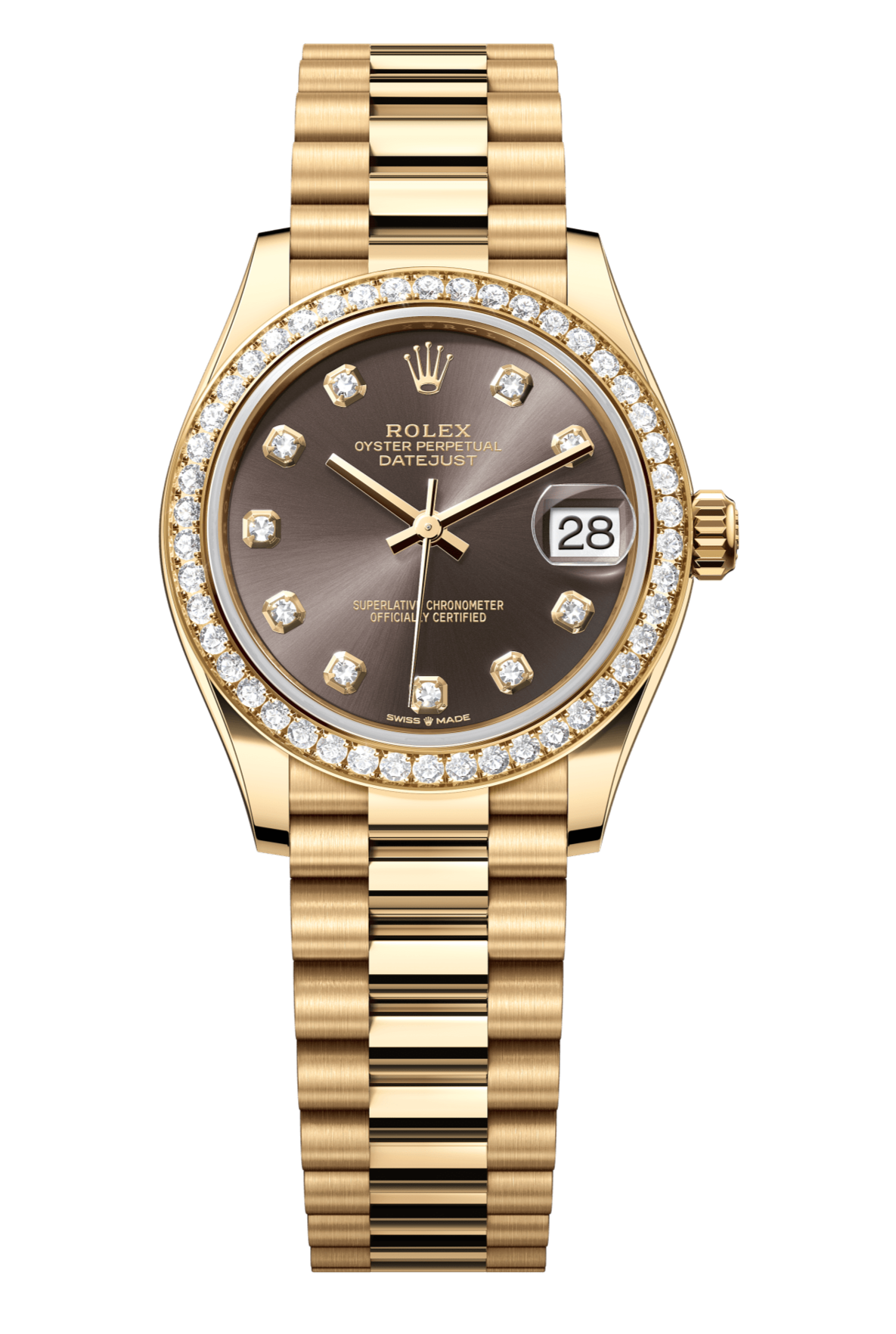 Rolex Oyster Perpetual Datejust 31 in 18 ct yellow gold features a dark grey, diamond-set dial and a President bracelet 278288RBR-Grey 1