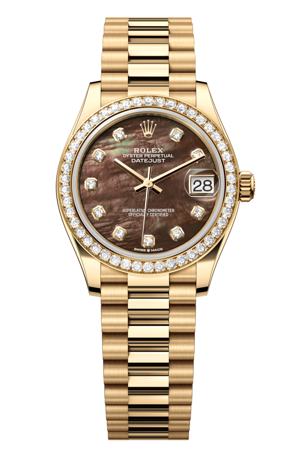 Rolex Oyster Perpetual Datejust 31 in 18 ct yellow gold features a black mother-of-pearl, diamond-set dial and a President bracelet 278288RBR-Black Mother of Pearl