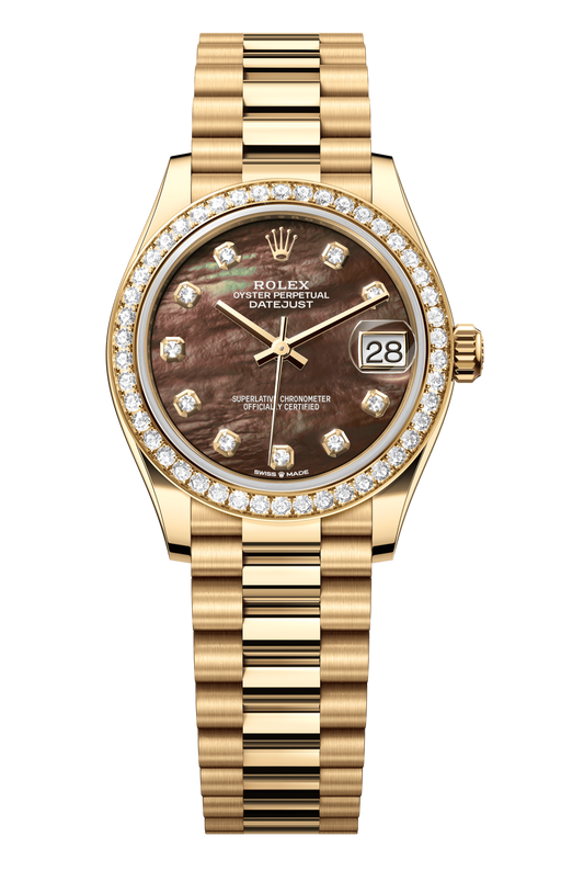 Rolex Oyster Perpetual Datejust 31 in 18 ct yellow gold features a black mother-of-pearl, diamond-set dial and a President bracelet 278288RBR-Black Mother of Pearl