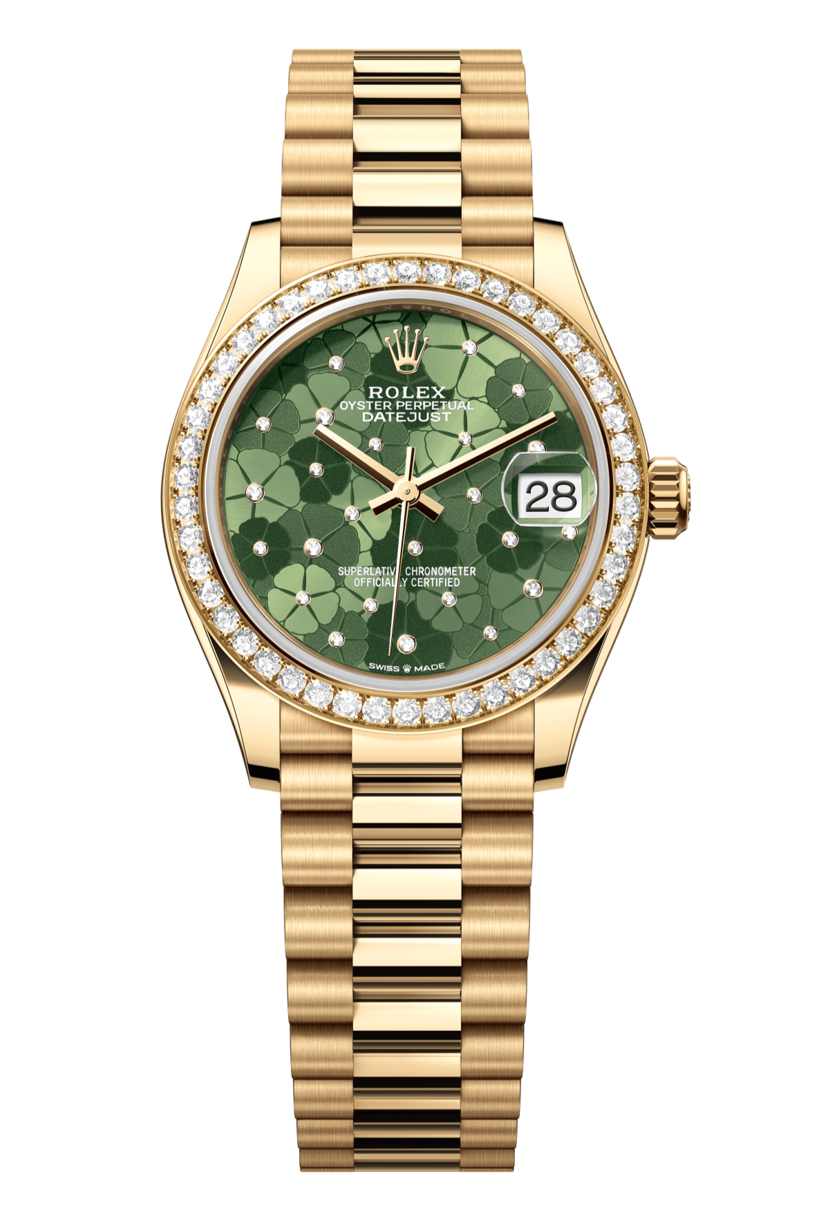 Rolex Oyster Perpetual Datejust 31 in 18 ct yellow gold features an olive-green floral-motif, diamond-set dial and a President bracelet 278288RBR-Green