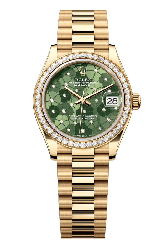 Rolex Oyster Perpetual Datejust 31 in 18 ct yellow gold features an olive-green floral-motif, diamond-set dial and a President bracelet 278288RBR-Green