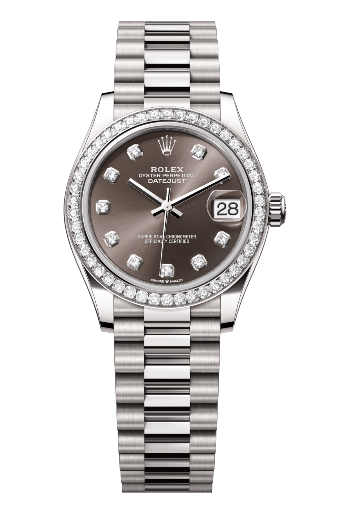 Rolex Oyster Perpetual Datejust 31 in 18 ct white gold features a dark grey, diamond-set dial and a President bracelet 278289RBR-Grey