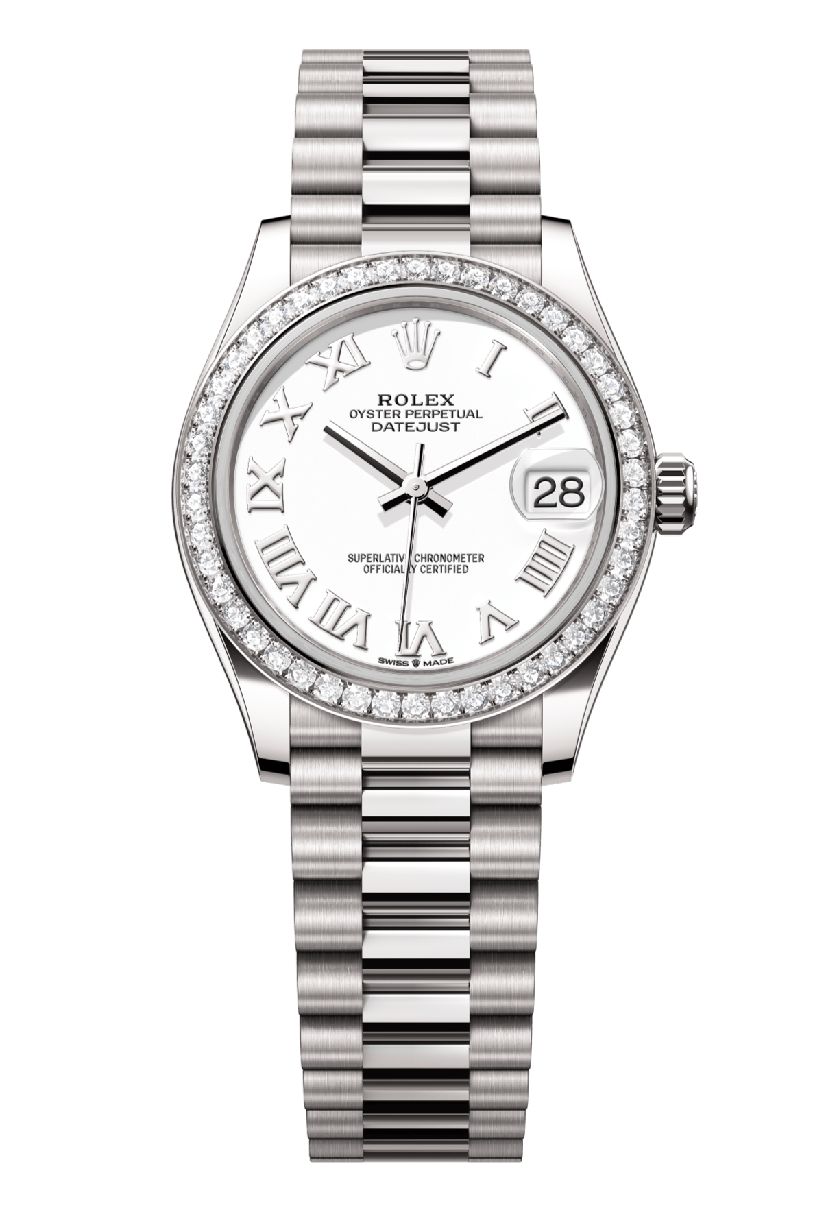 Rolex Oyster Perpetual Datejust 31 in 18 ct white gold features a white dial and a President bracelet 278289RBR-White