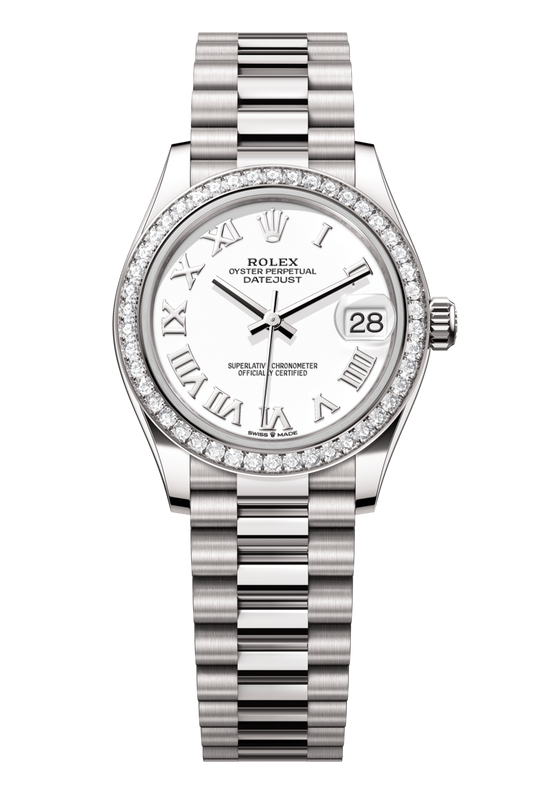 Rolex Oyster Perpetual Datejust 31 in 18 ct white gold features a white dial and a President bracelet 278289RBR-White