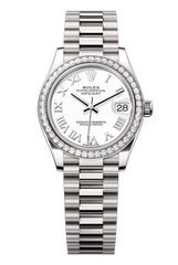 Rolex Oyster Perpetual Datejust 31 in 18 ct white gold features a white dial and a President bracelet 278289RBR-White