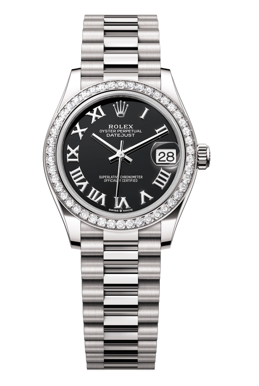 Rolex Oyster Perpetual Datejust 31 in 18 ct white gold features a bright black dial and a President bracelet 278289RBR-Black