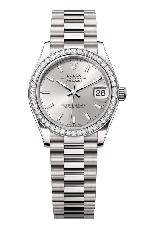 Rolex Oyster Perpetual Datejust 31 in 18 ct white gold features a silver dial and a President bracelet 278289RBR-Silver