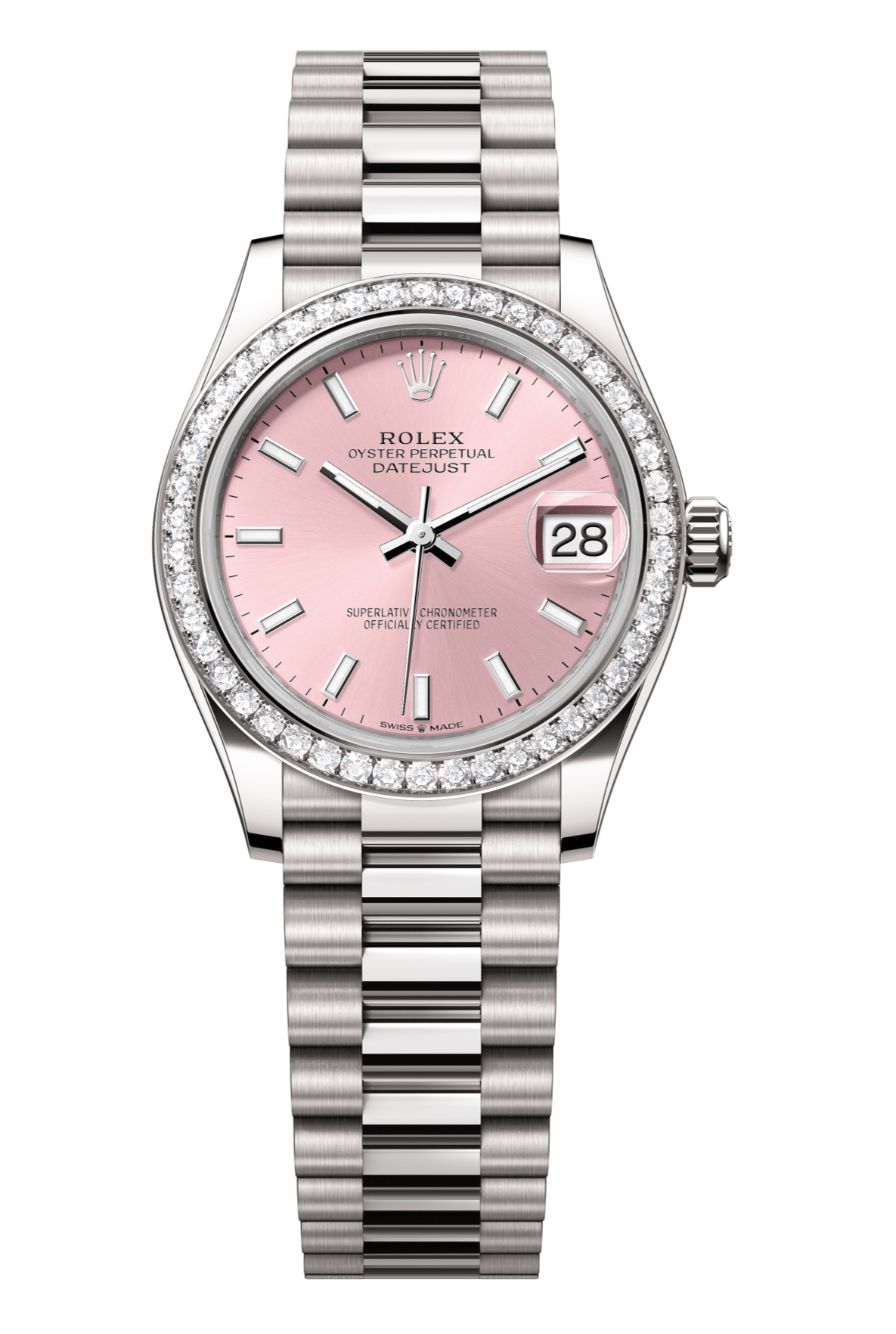 Rolex Oyster Perpetual Datejust 31 in 18 ct white gold features a pink dial and a President bracelet 278289RBR-Pink 1