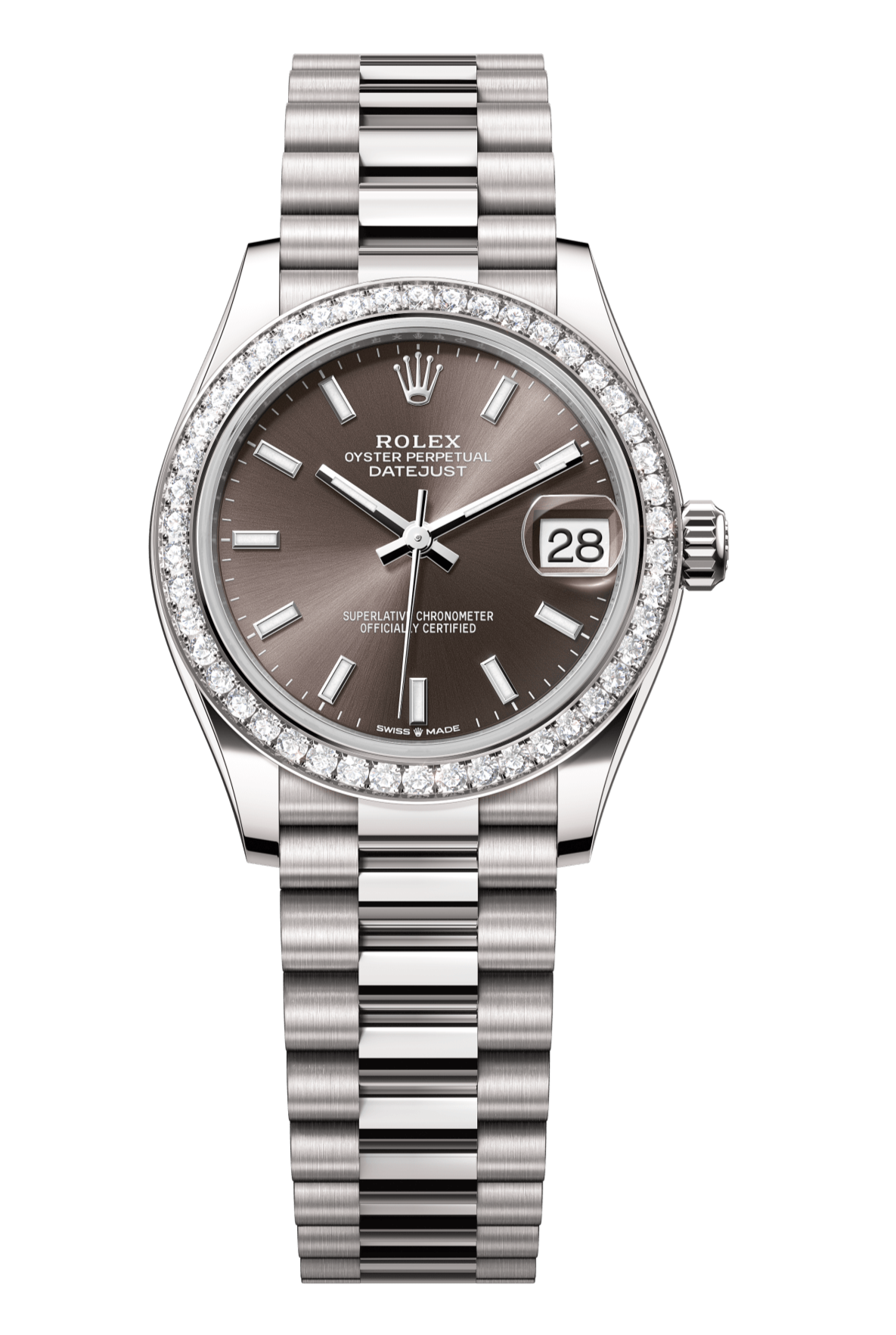 Rolex Oyster Perpetual Datejust 31 in 18 ct white gold features a dark grey dial and a President bracelet 278289RBR-Grey 1