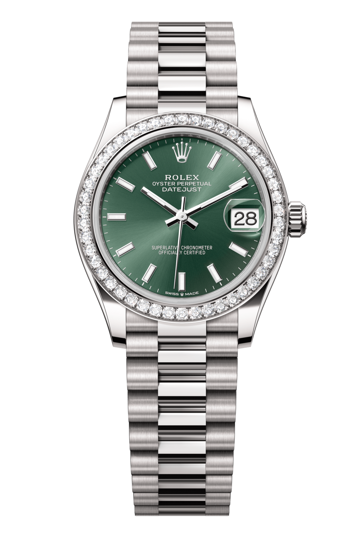 Rolex Oyster Perpetual Datejust 31 in 18 ct white gold features a mint green dial and a President bracelet 278289RBR-Green