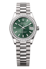 Rolex Oyster Perpetual Datejust 31 in 18 ct white gold features a mint green dial and a President bracelet 278289RBR-Green