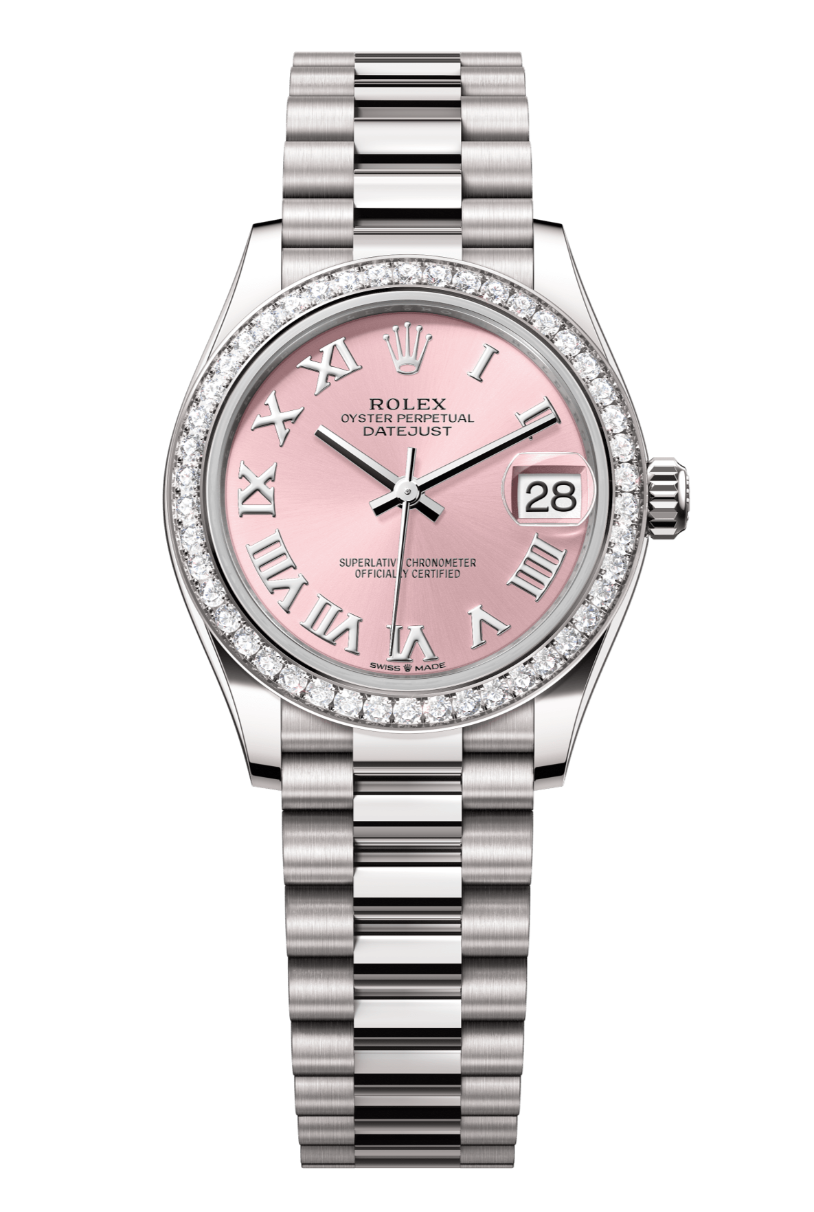 Rolex Oyster Perpetual Datejust 31 in 18 ct white gold features a pink dial and a President bracelet 278289RBR-Pink 2