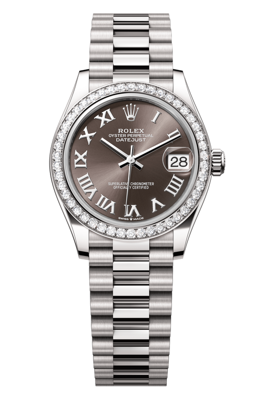 Rolex Oyster Perpetual Datejust 31 in 18 ct white gold features a dark grey dial and a President bracelet 278289RBR-Grey 2