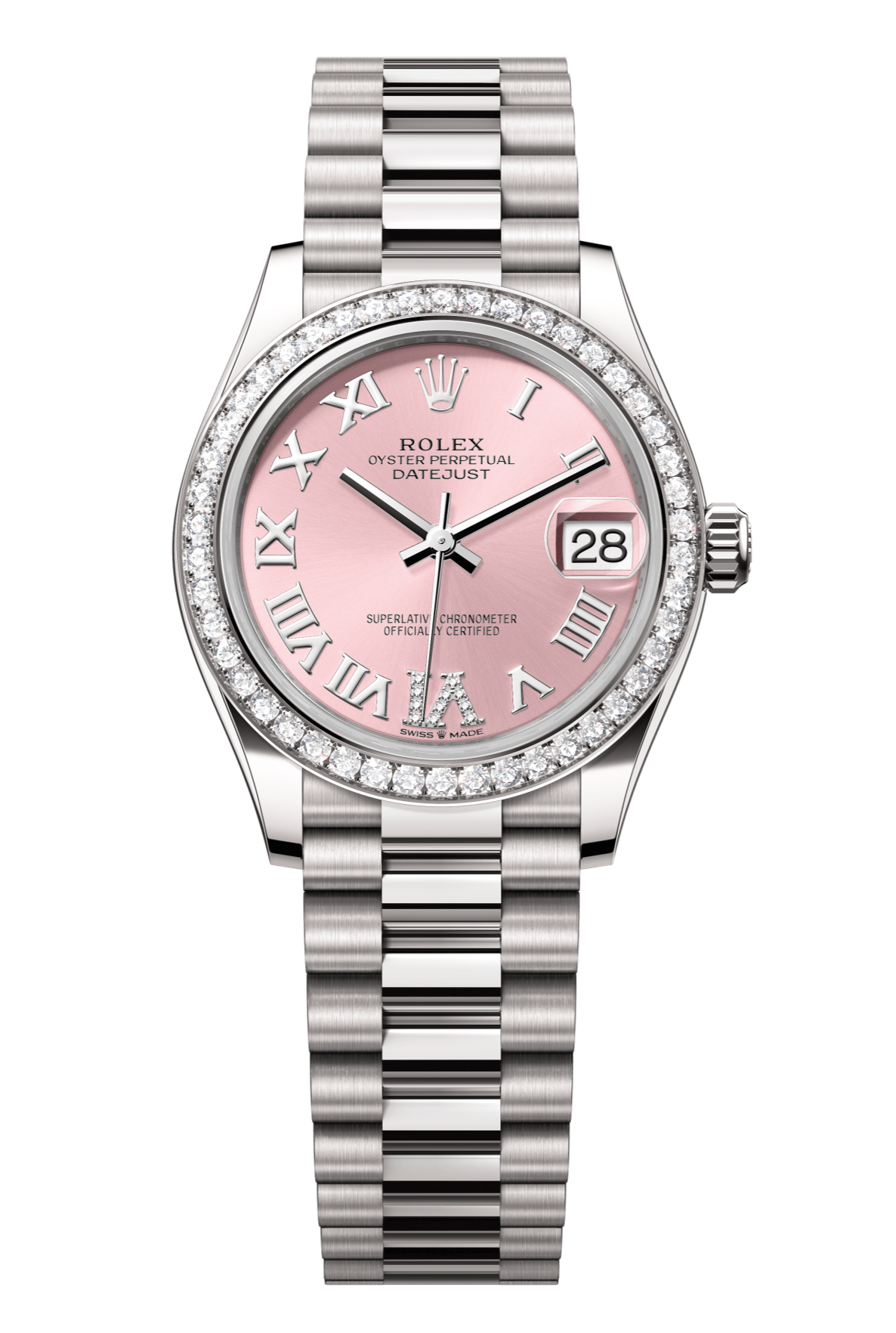 Rolex Oyster Perpetual Datejust 31 in 18 ct white gold features a pink, diamond-set dial and a President bracelet 278289RBR-Pink 3