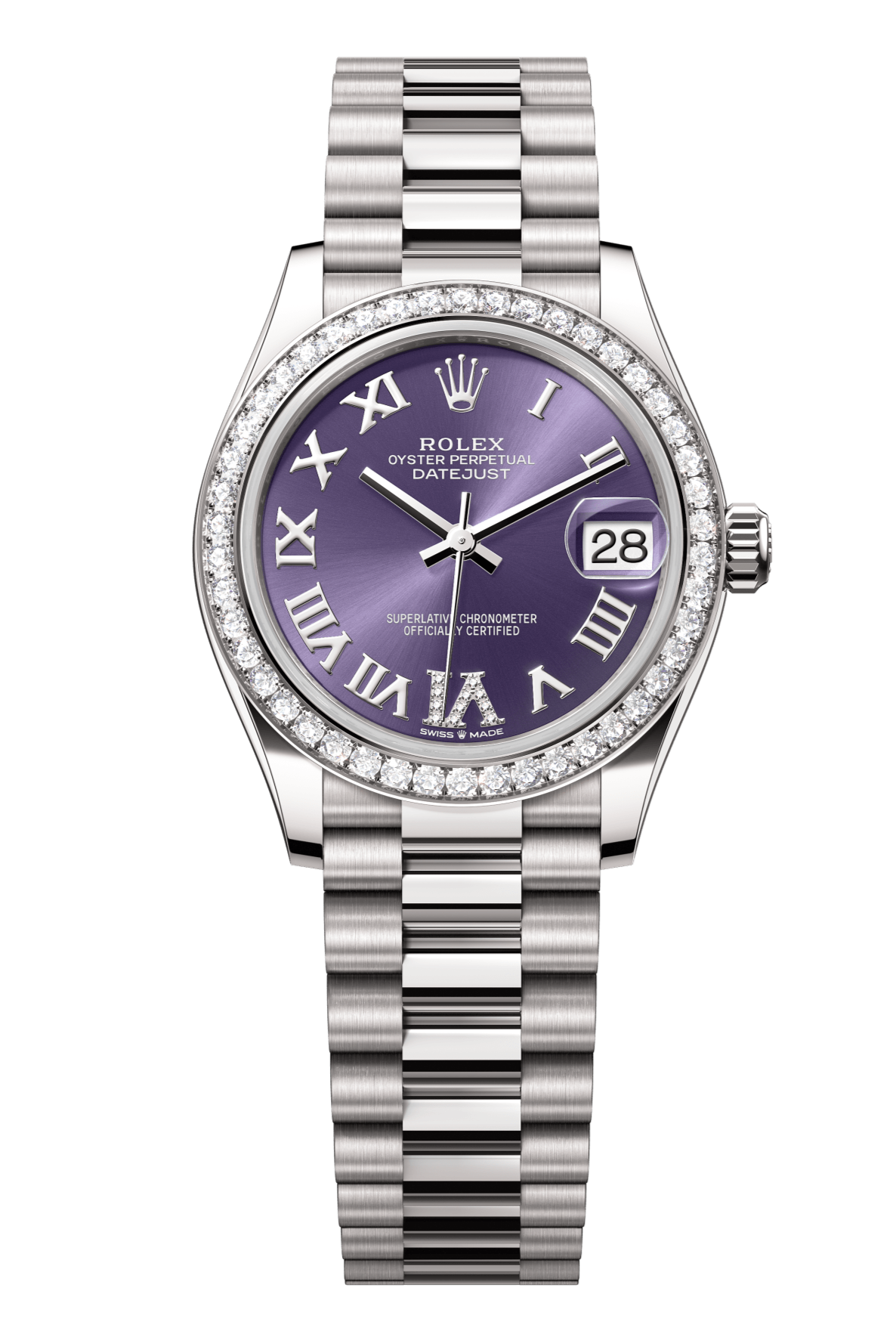 Rolex Oyster Perpetual Datejust 31 in 18 ct white gold features an aubergine, diamond-set dial and a President bracelet 278289RBR-Aubergine