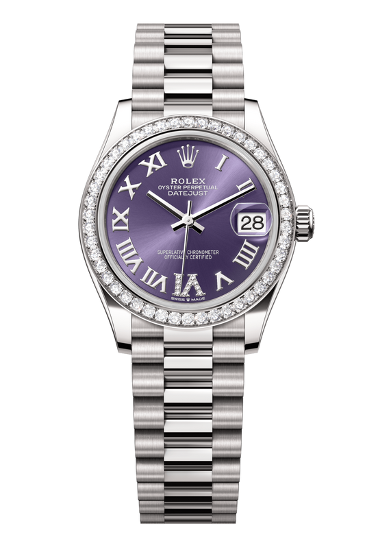 Rolex Oyster Perpetual Datejust 31 in 18 ct white gold features an aubergine, diamond-set dial and a President bracelet 278289RBR-Aubergine