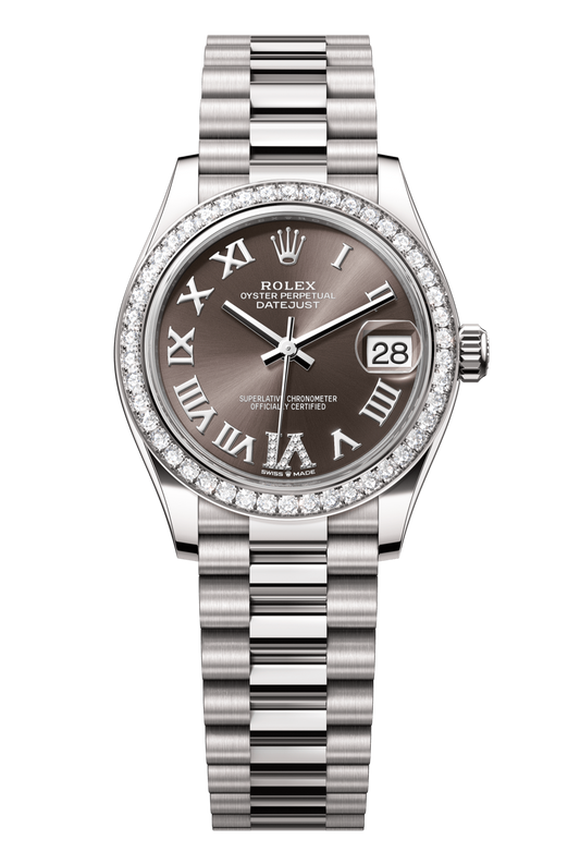 Rolex Oyster Perpetual Datejust 31 in 18 ct white gold features a dark grey, diamond-set dial and a President bracelet 278289RBR-Grey 3