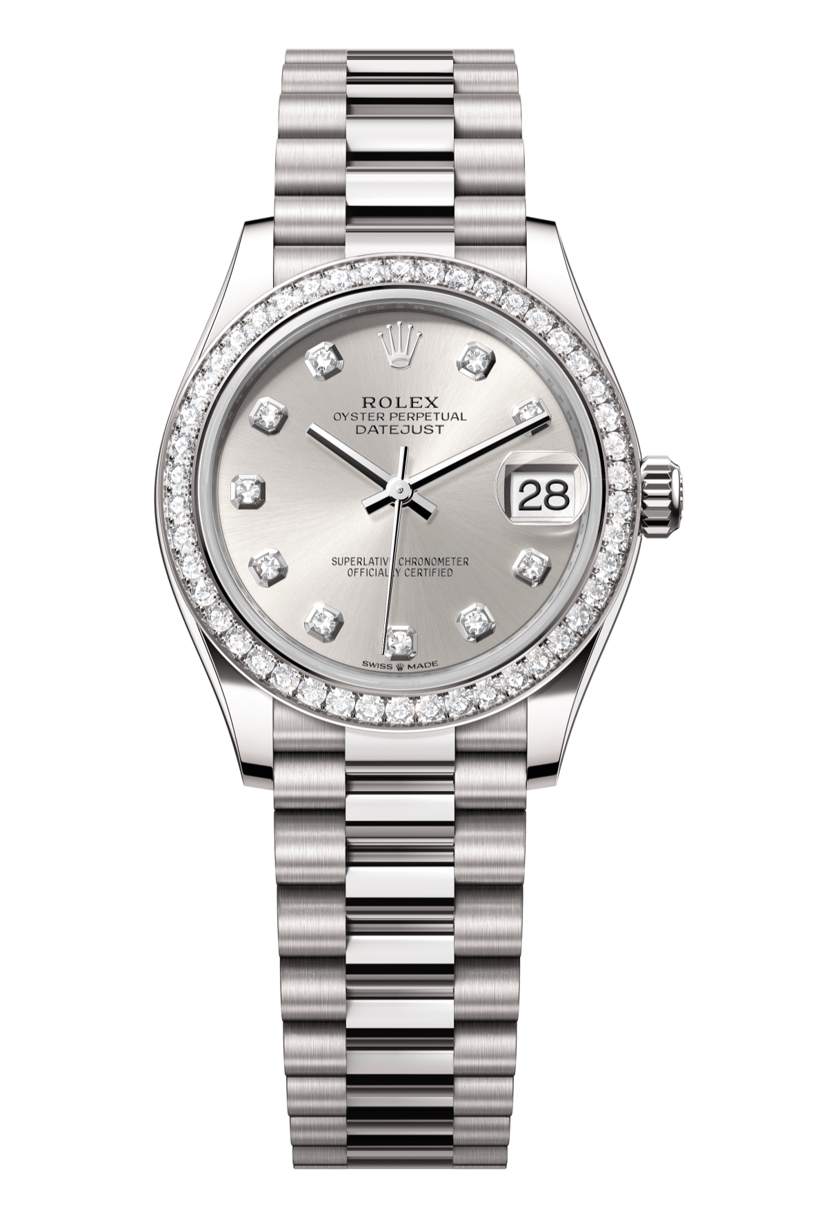 Rolex Oyster Perpetual Datejust 31 in 18 ct white gold features a silver, diamond-set dial and a President bracelet 278289RBR-Silver 1