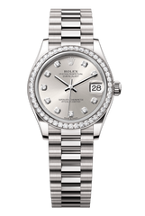 Rolex Oyster Perpetual Datejust 31 in 18 ct white gold features a silver, diamond-set dial and a President bracelet 278289RBR-Silver 1