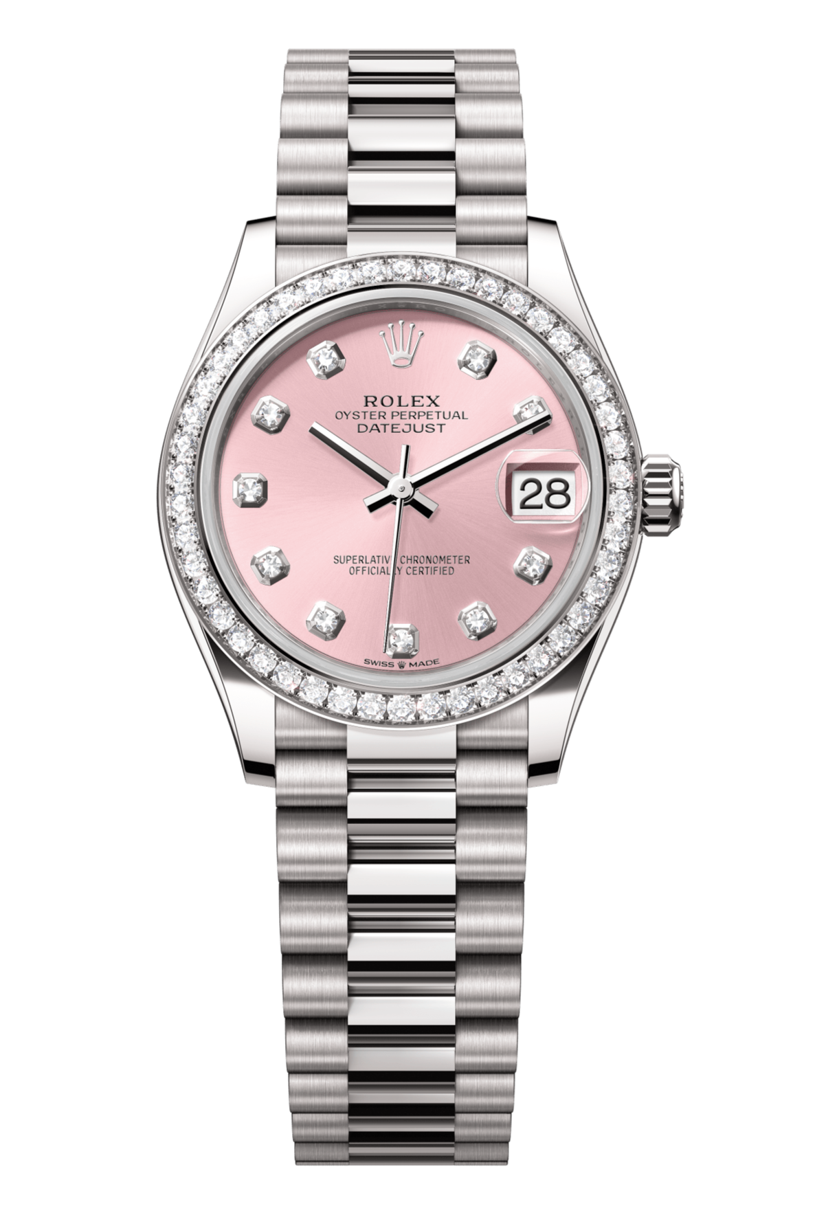 Rolex Oyster Perpetual Datejust 31 in 18 ct white gold features a pink, diamond-set dial and a President bracelet 278289RBR-Pink