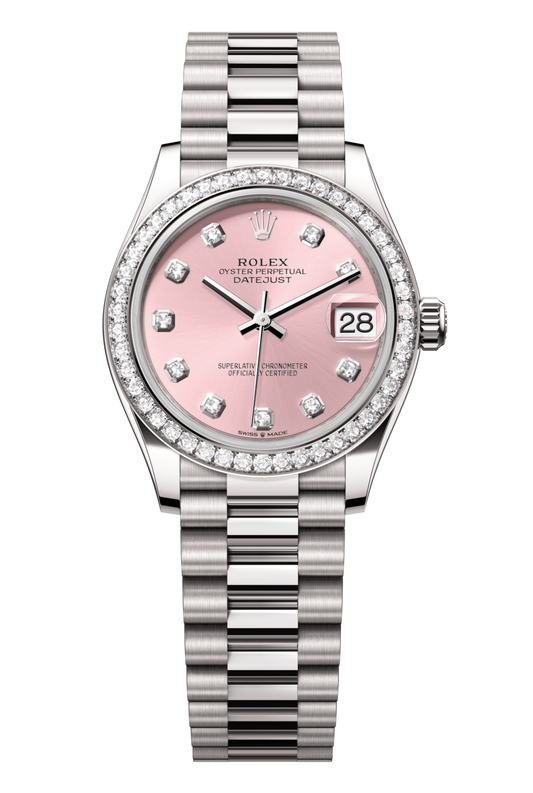 Rolex Oyster Perpetual Datejust 31 in 18 ct white gold features a pink, diamond-set dial and a President bracelet 278289RBR-Pink