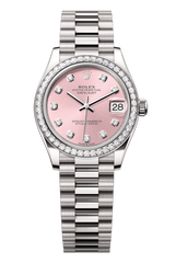 Rolex Oyster Perpetual Datejust 31 in 18 ct white gold features a pink, diamond-set dial and a President bracelet 278289RBR-Pink