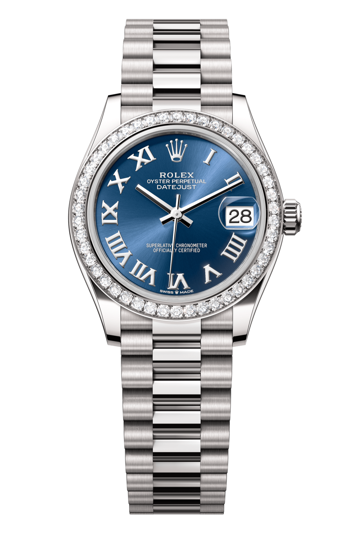 Rolex Oyster Perpetual Datejust 31 in 18 ct white gold features a bright blue dial and a President bracelet 278289RBR-Blue