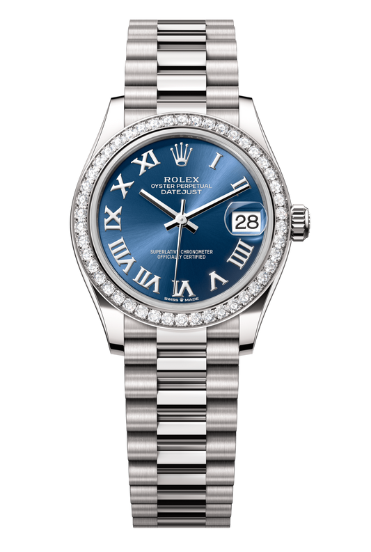 Rolex Oyster Perpetual Datejust 31 in 18 ct white gold features a bright blue dial and a President bracelet 278289RBR-Blue