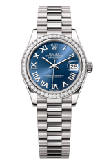 Rolex Oyster Perpetual Datejust 31 in 18 ct white gold features a bright blue dial and a President bracelet 278289RBR-Blue