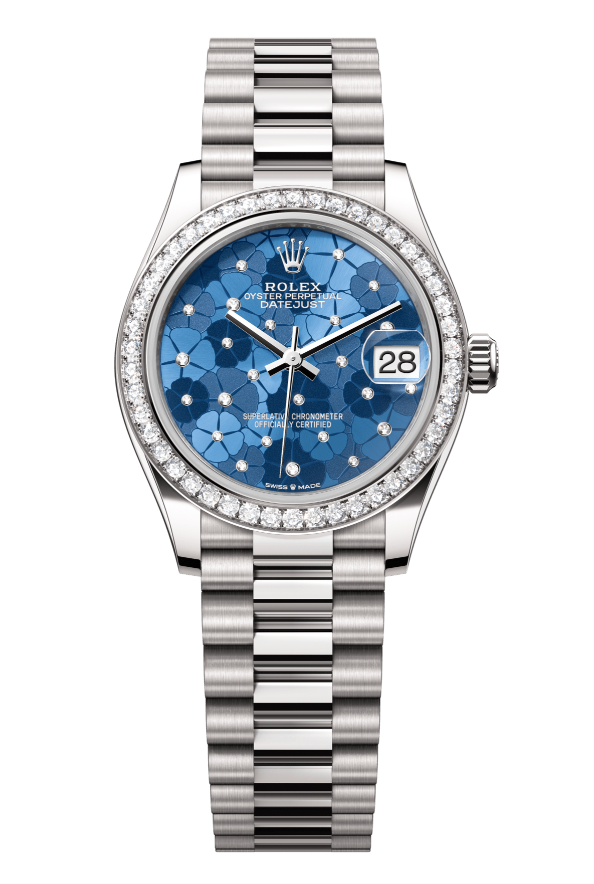 Rolex Oyster Perpetual Datejust 31 in 18 ct white gold features an azzurro-blue floral-motif, diamond-set dial and a President bracelet 278289RBR-Blue 1