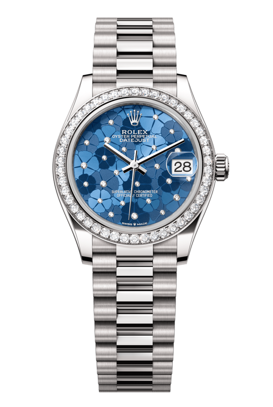 Rolex Oyster Perpetual Datejust 31 in 18 ct white gold features an azzurro-blue floral-motif, diamond-set dial and a President bracelet 278289RBR-Blue 1