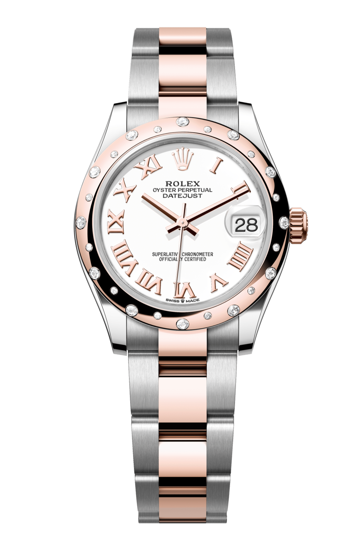 Rolex Oyster Perpetual Datejust 31 in Oystersteel and Everose gold features a white dial and an Oyster bracelet. 278341RBR-White