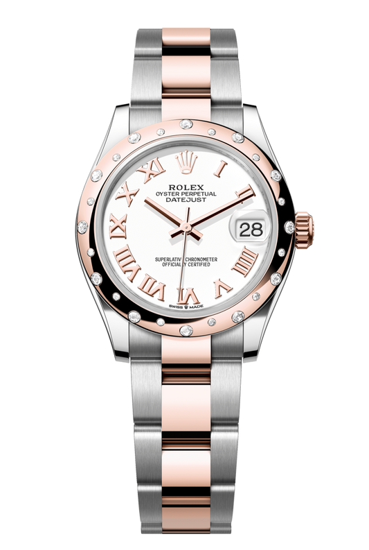 Rolex Oyster Perpetual Datejust 31 in Oystersteel and Everose gold features a white dial and an Oyster bracelet. 278341RBR-White