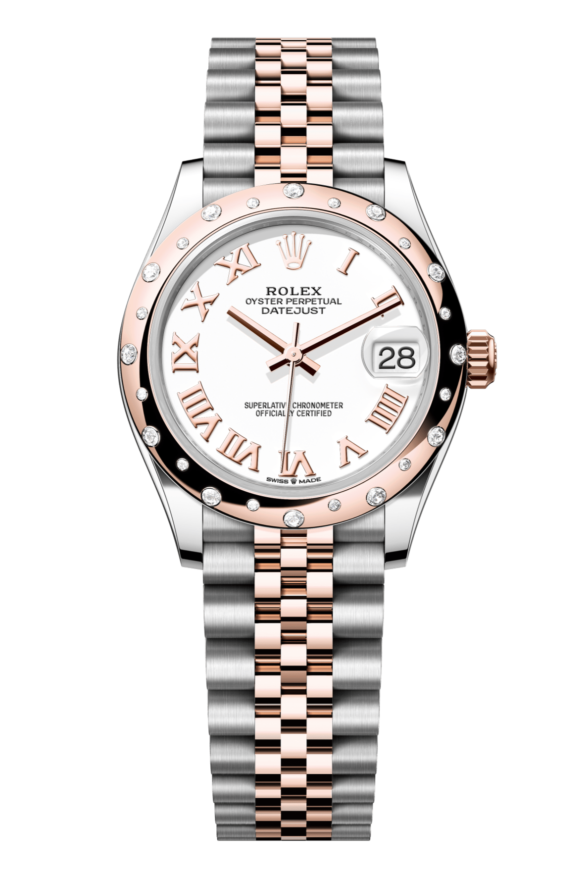 Rolex Oyster Perpetual Datejust 31 in Oystersteel and Everose gold features a white dial and a Jubilee bracelet. 278341RBR-White 1