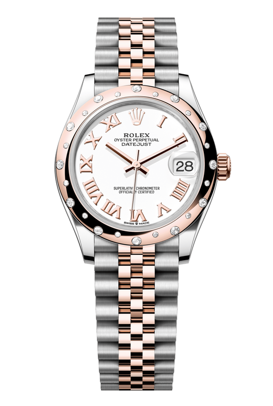 Rolex Oyster Perpetual Datejust 31 in Oystersteel and Everose gold features a white dial and a Jubilee bracelet. 278341RBR-White 1